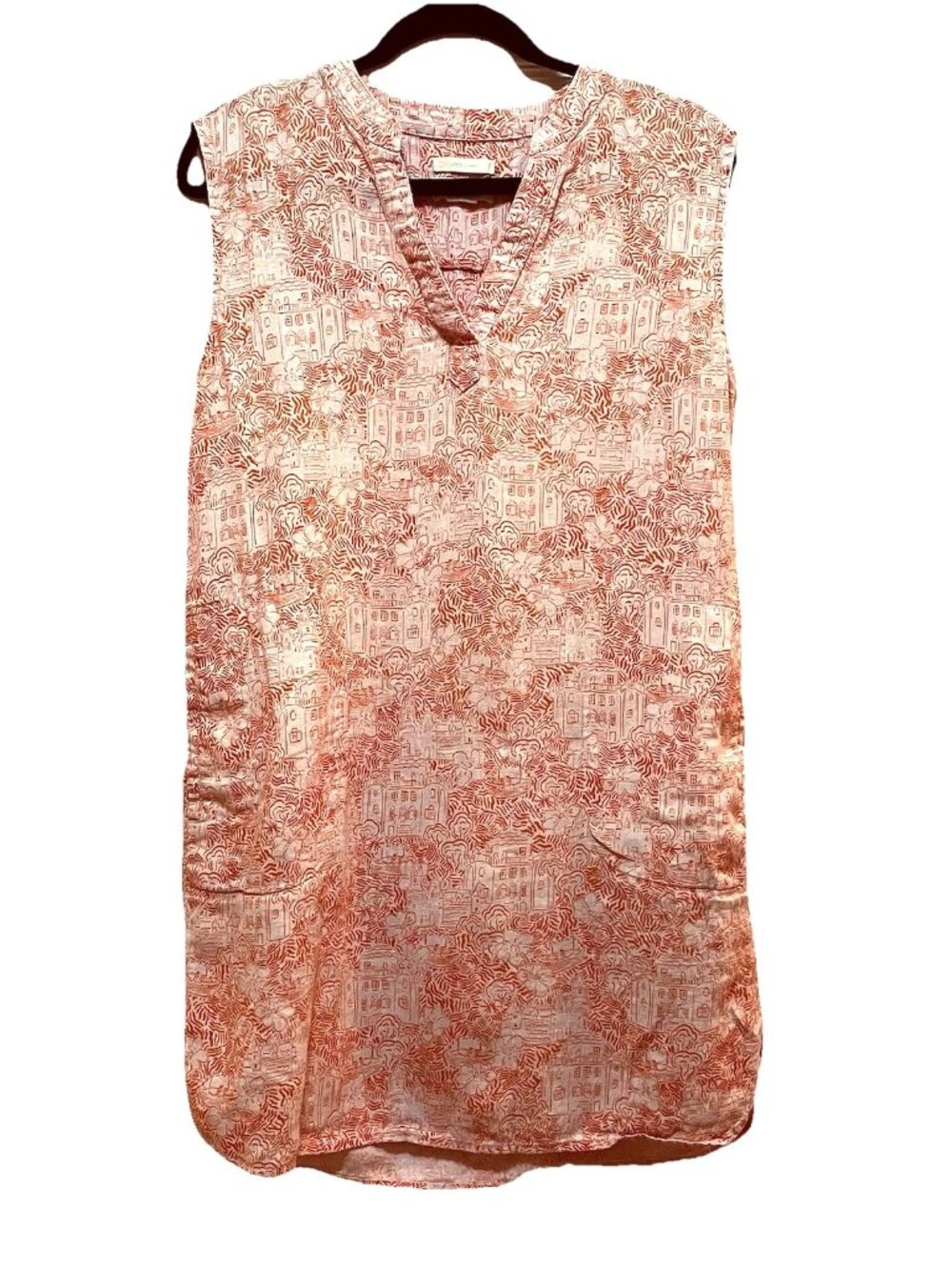 CYNTHIA ROWLEY Pink/Orange 100% Linen Cityscape/Toile Print Sleeveless Shift Dre
